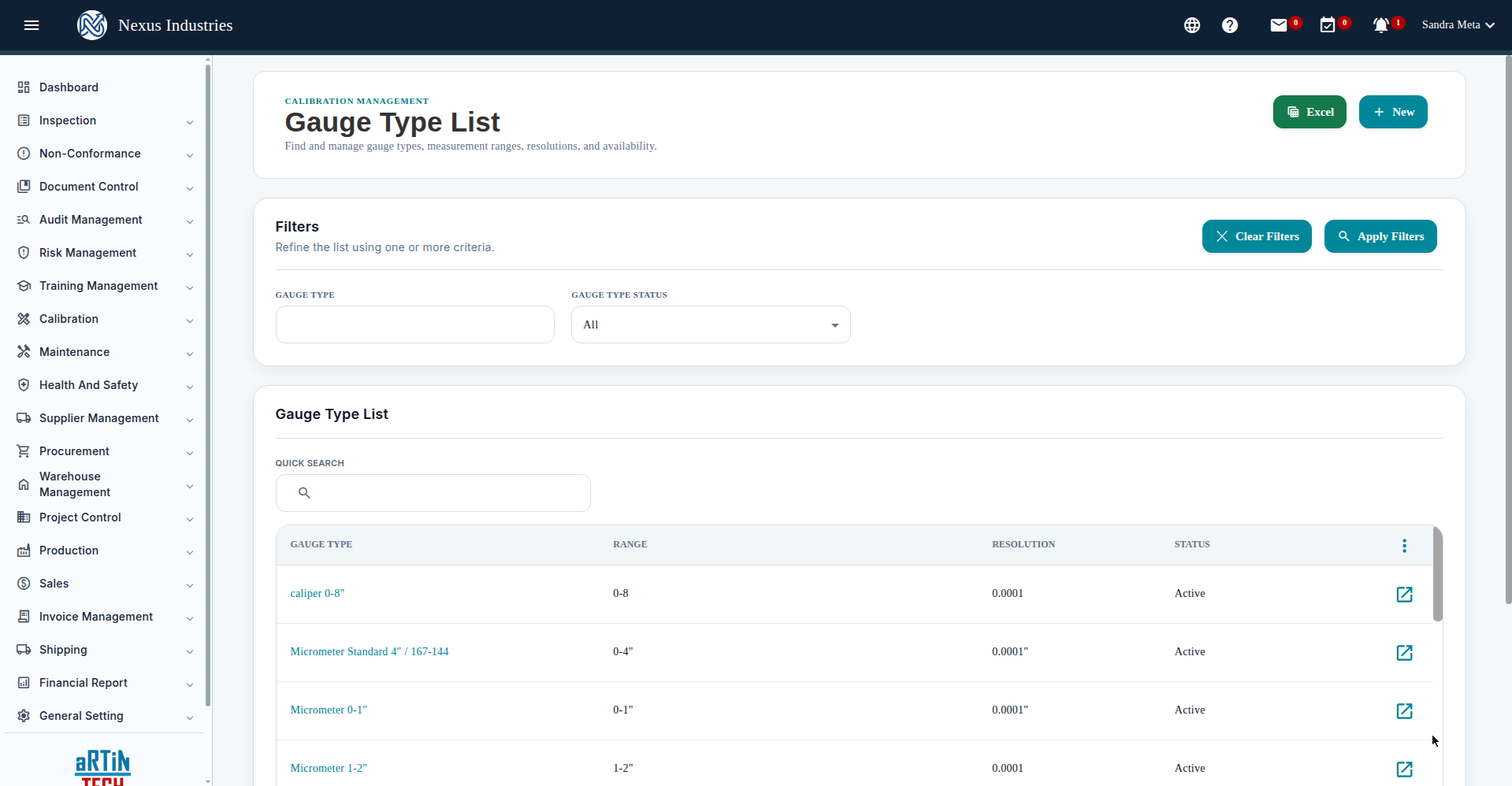 Gauge type list in the Calibration module