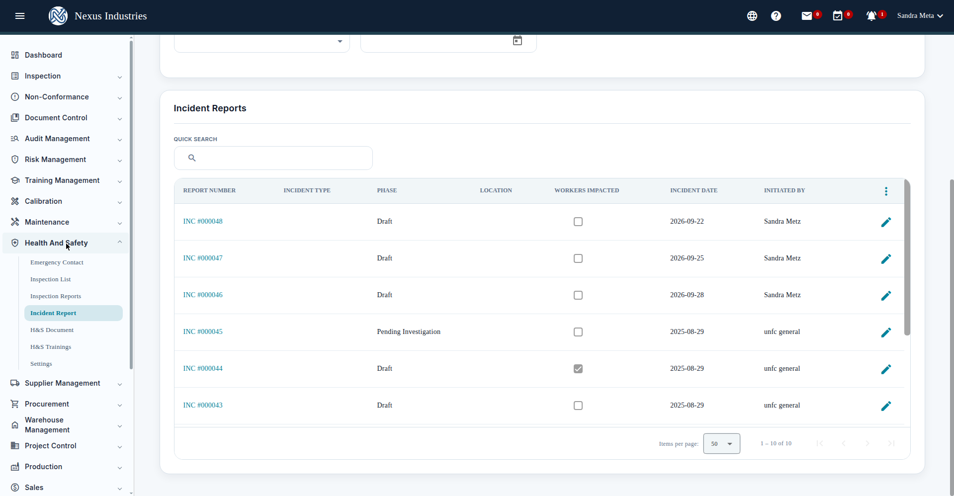 Health and Safety module landing page