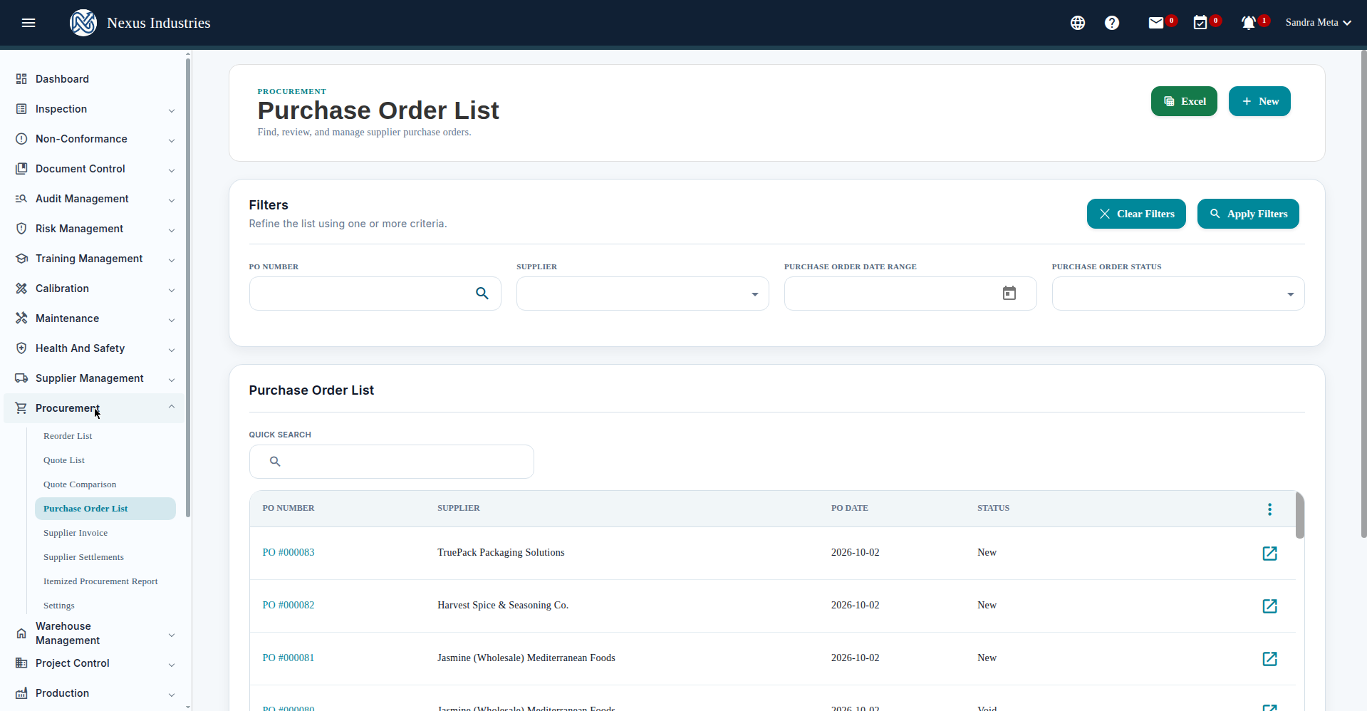 Procurement module sections