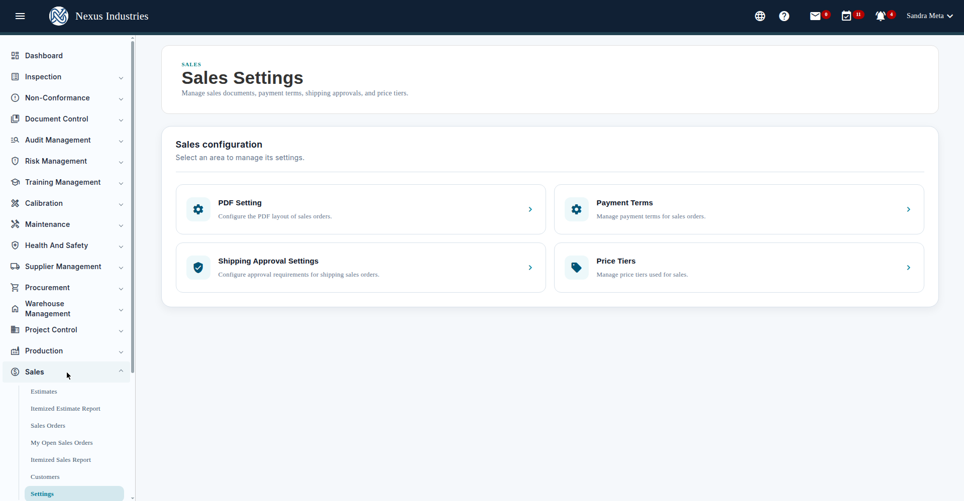 Sales module sections