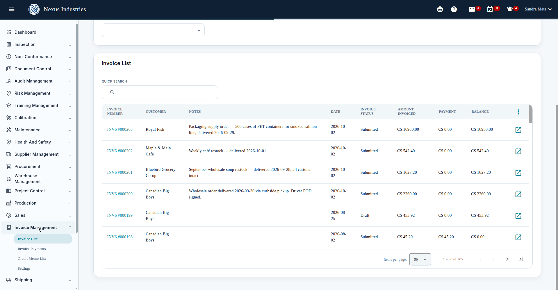 Invoice Management module sections