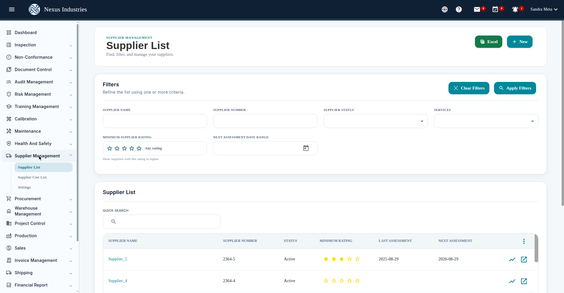 Supplier Management module sections