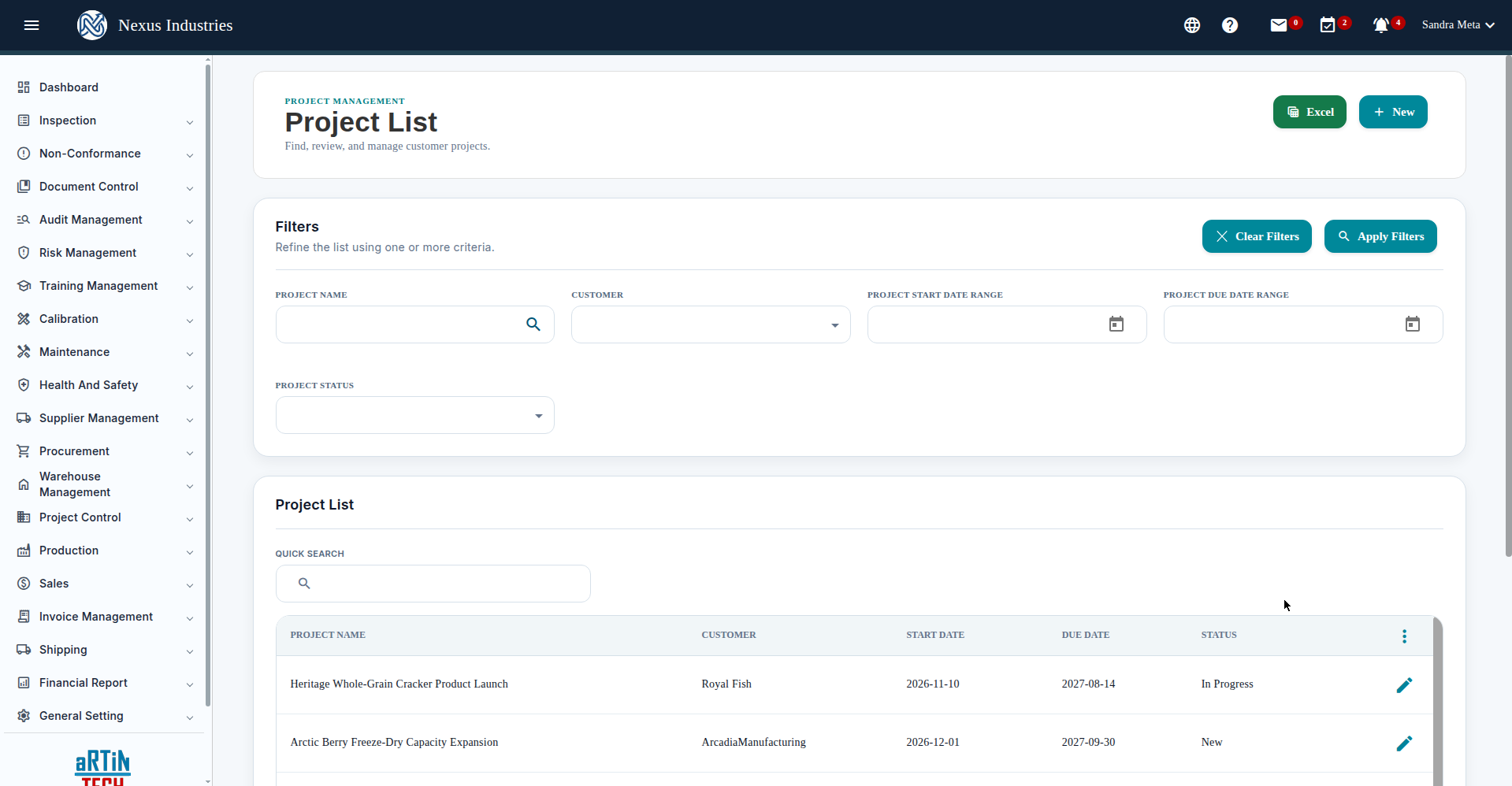 Project List in Project Control module