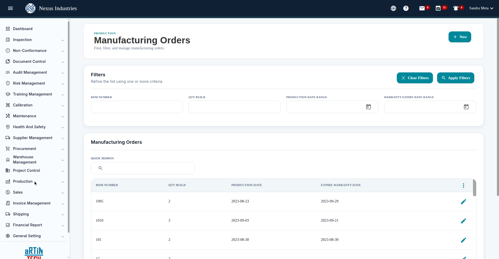 Manufacturing orders list