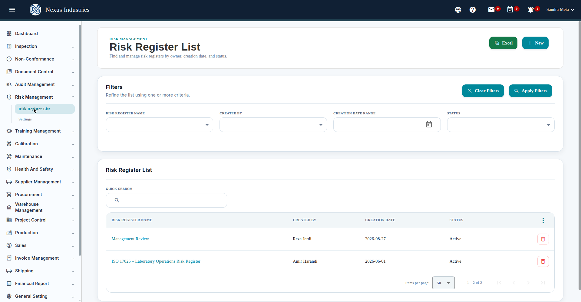 Risk Register List