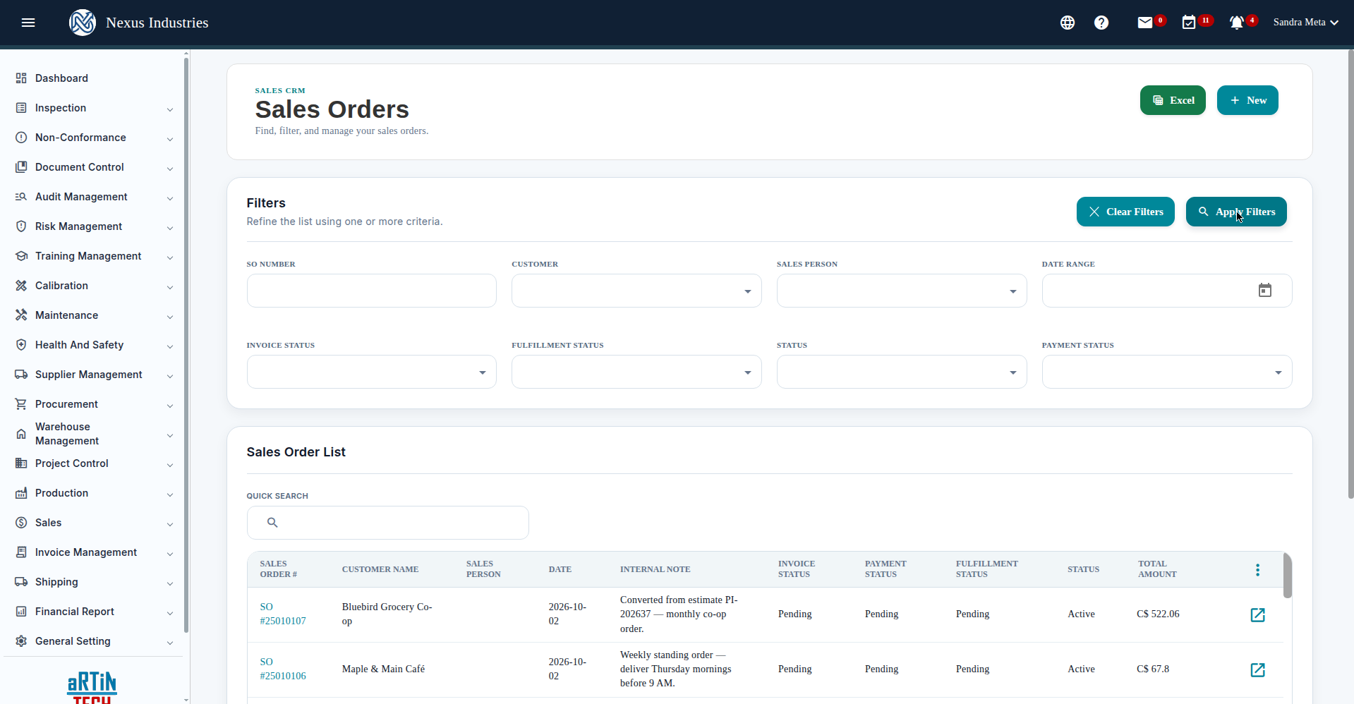 Sales orders list