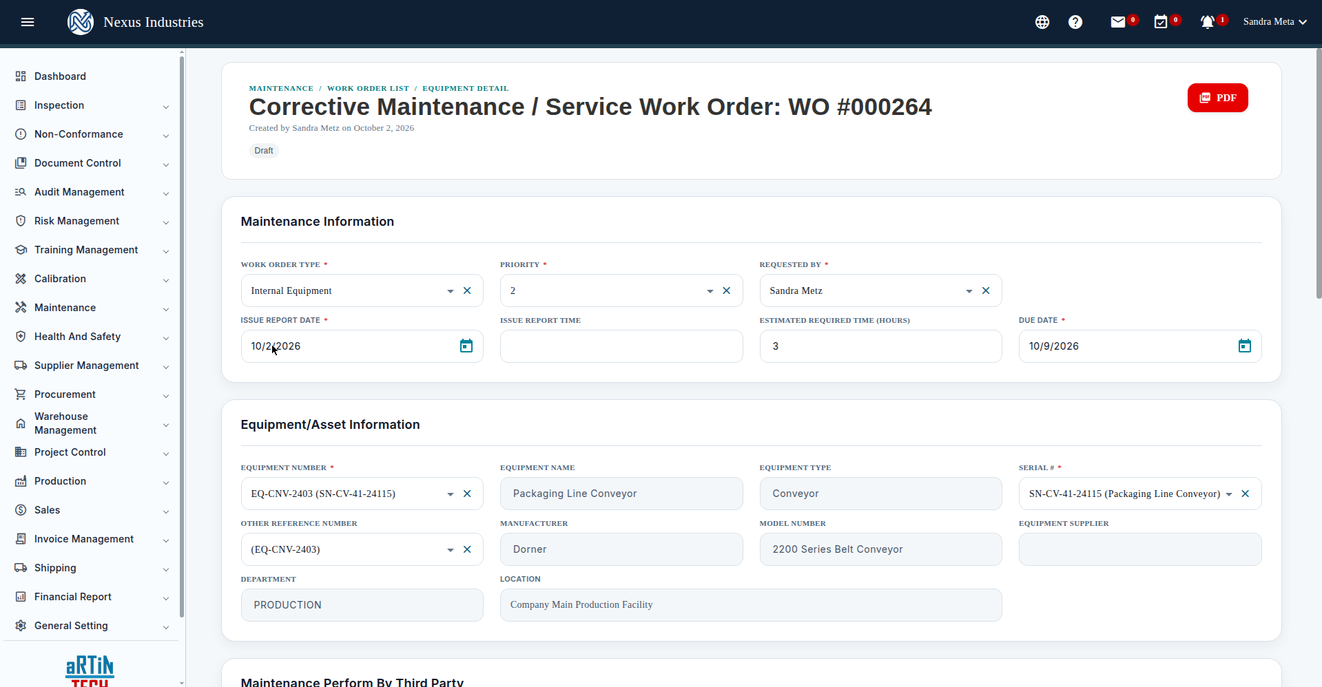 Work order detail in Artintech ERP