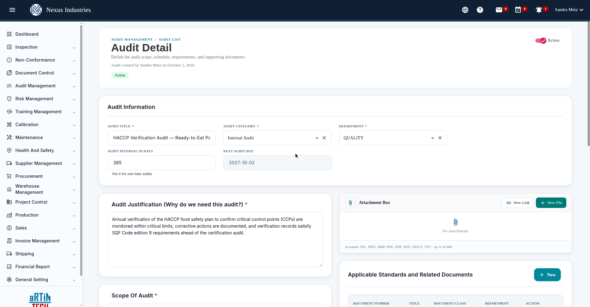 Audit detail with checklist