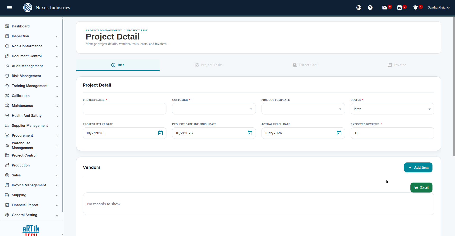 New project form in Project Control module