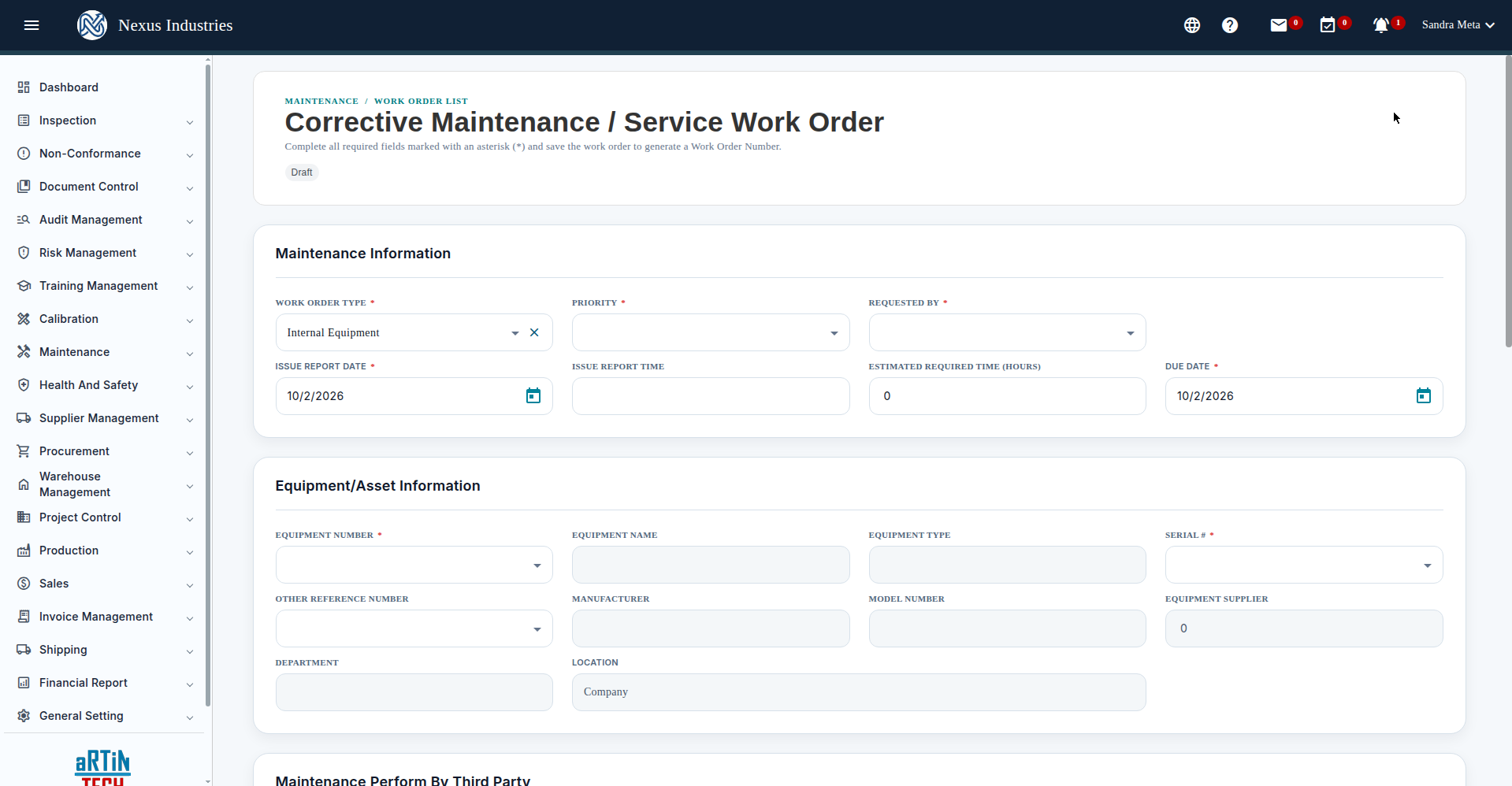 New preventive maintenance form in Artintech ERP