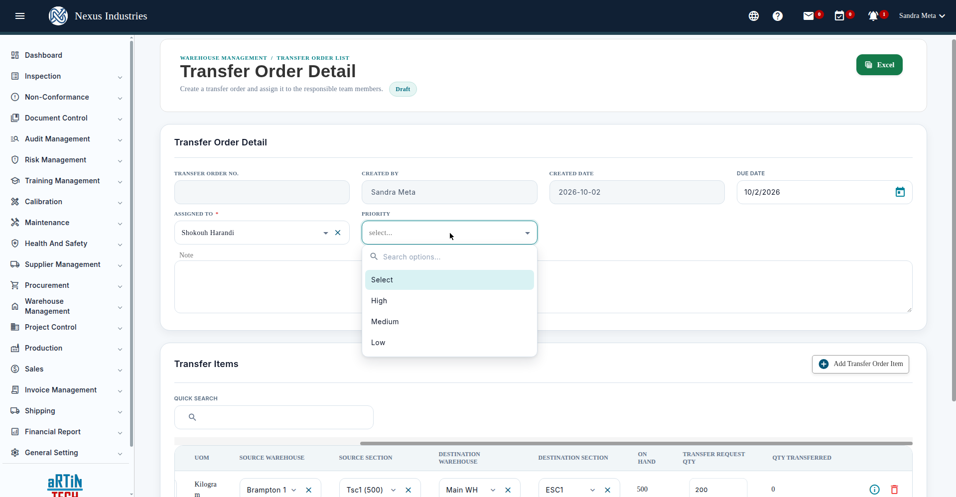 Transfer order record detail