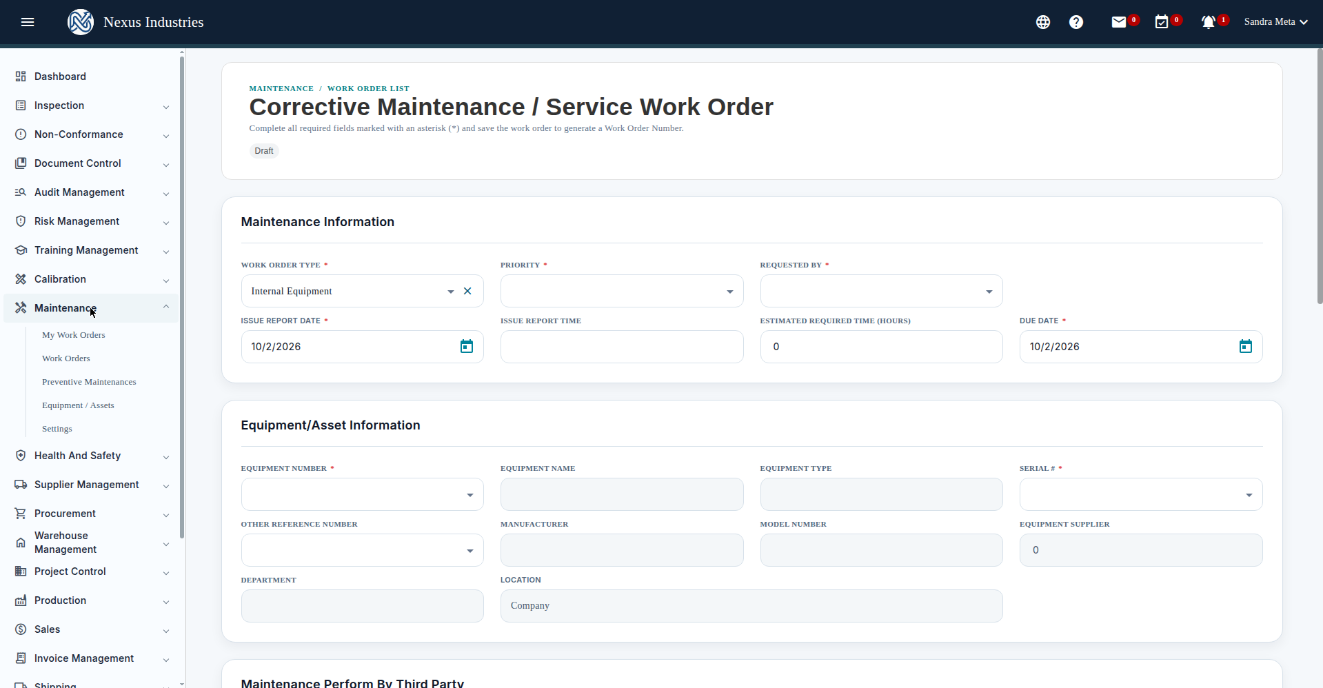 Maintenance module sections in Artintech ERP
