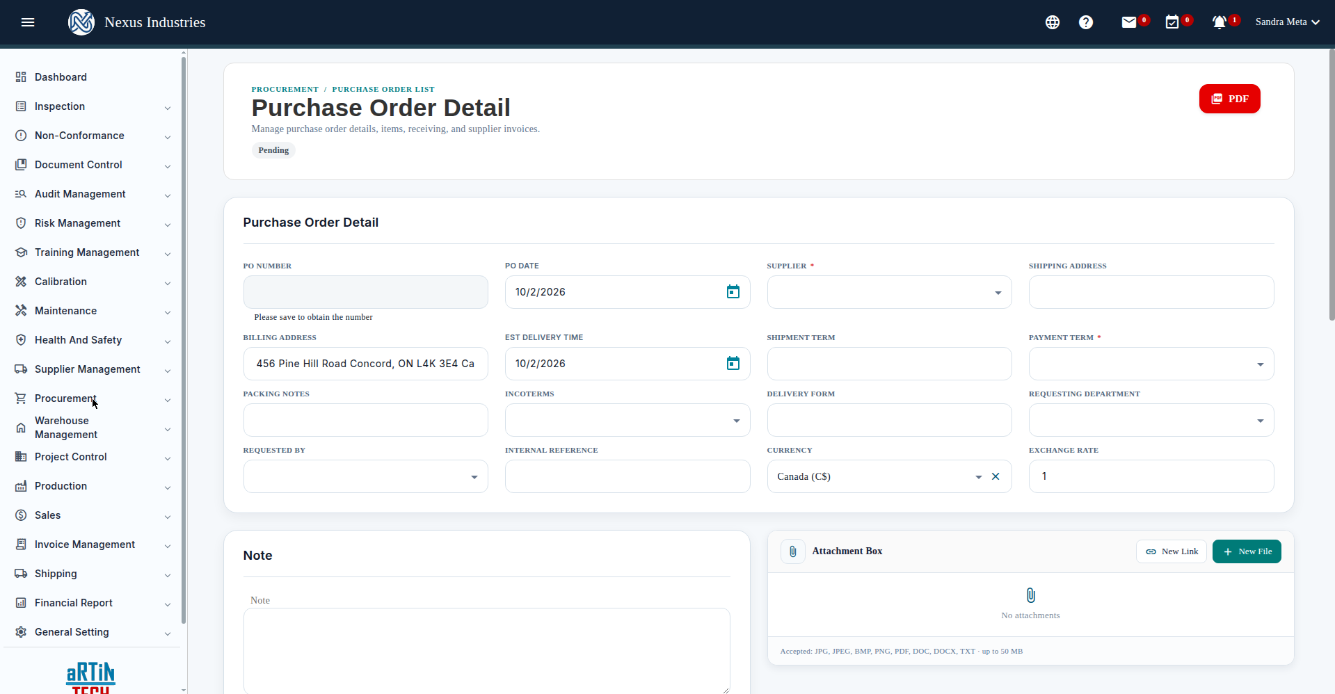 New purchase order form