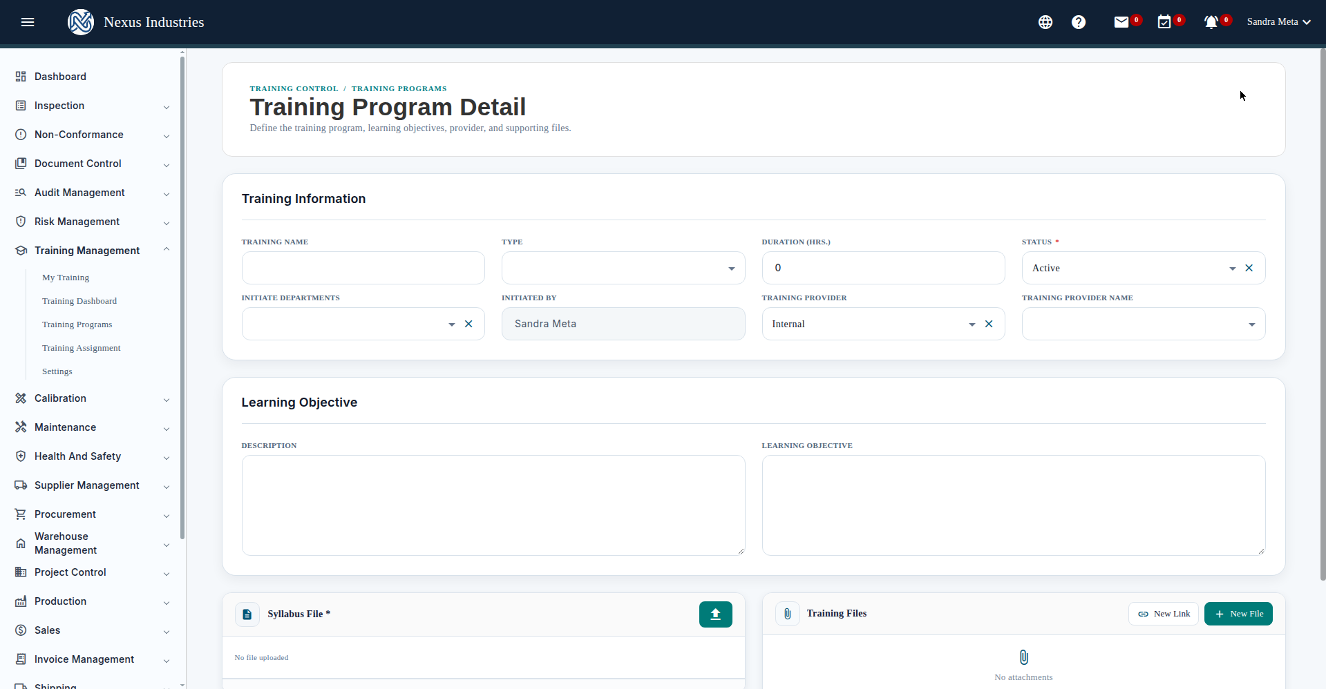 New Training Program form in Artintech ERP Training Management module