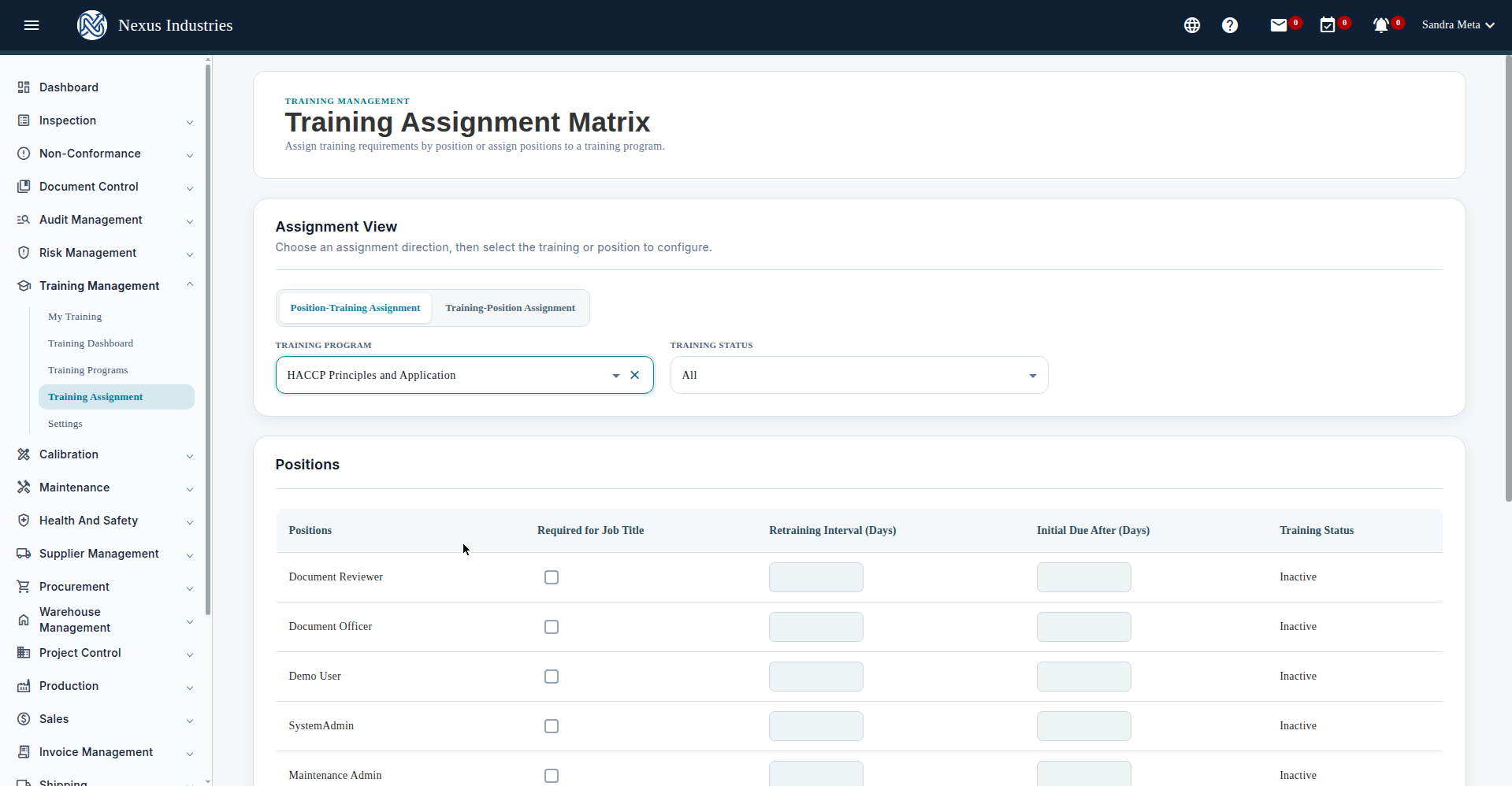 Training Types settings list in Artintech ERP Training Management module