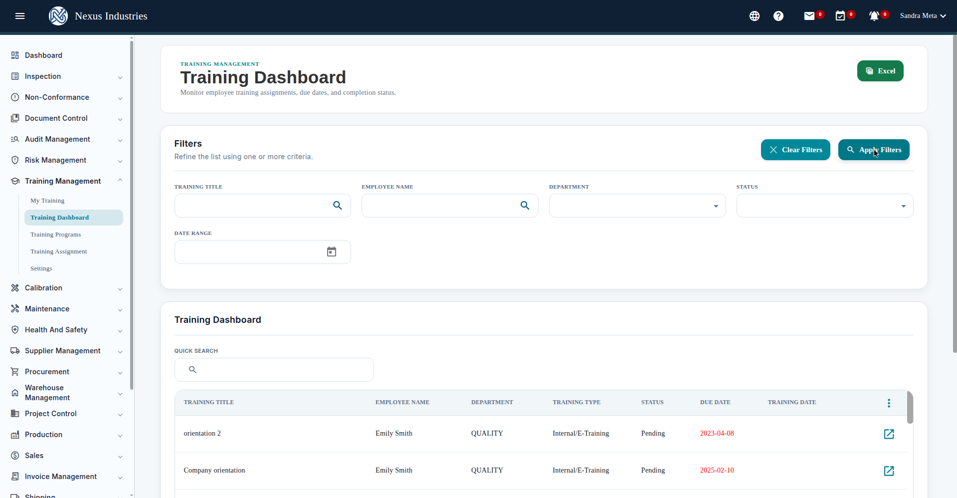 Training Dashboard in Artintech ERP Training Management module